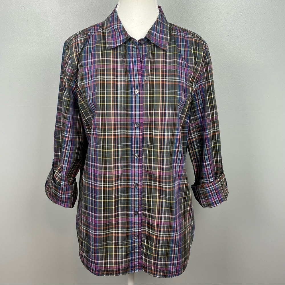Talbots 100% plaid roll tab sleeve button front shirt, size 12.